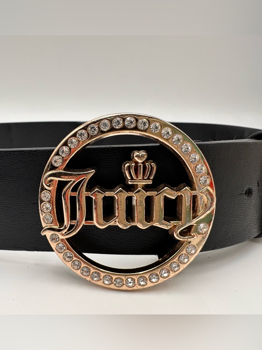 JUICY COUTURE WOMENS BELT SZ SMALL BLACK RHINESTONE CROWN BUCKLE Y2K FASHION